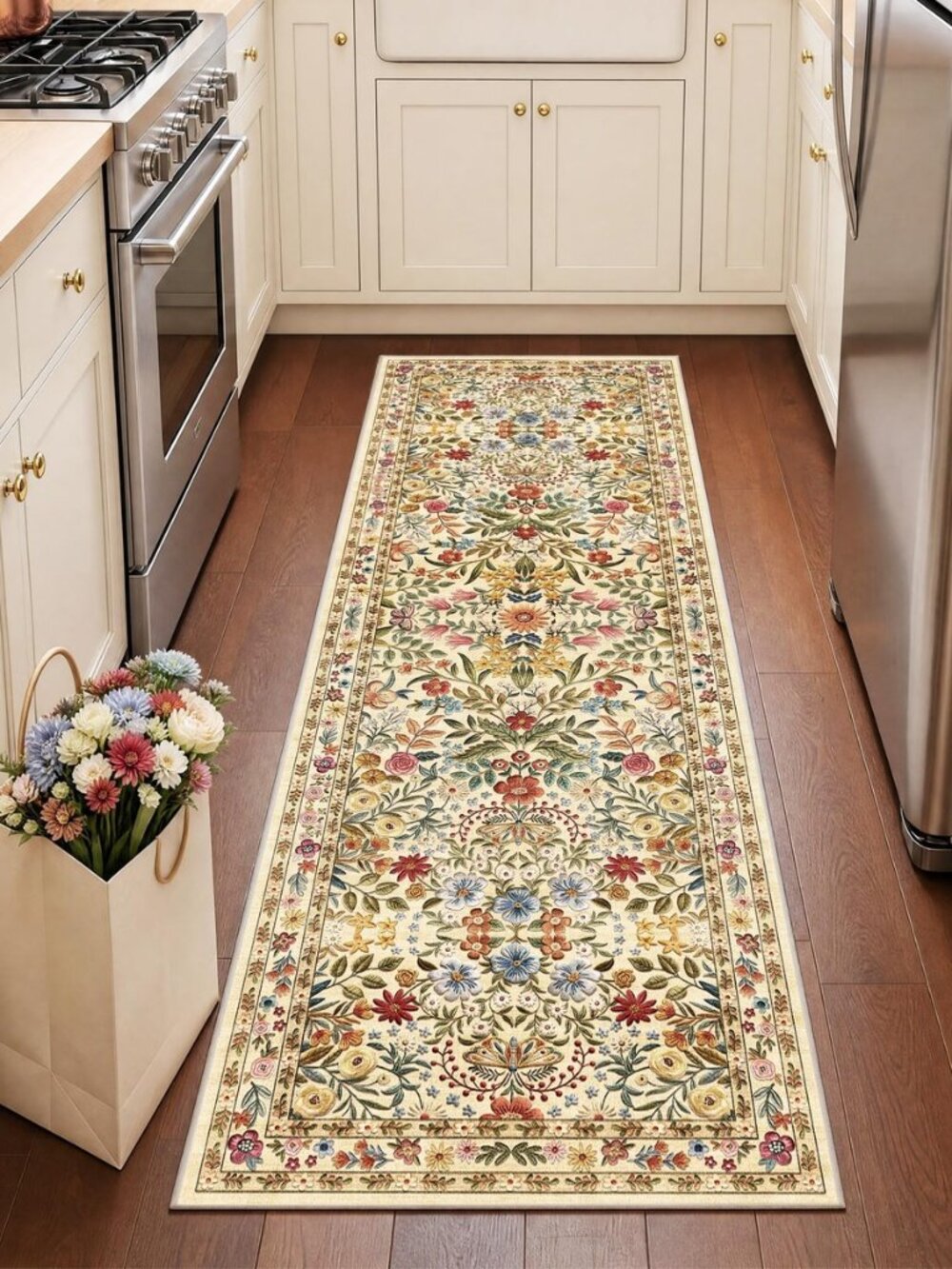 2x6 Floral Washable Beige Neutral Vintage Runner Rug for Hallway